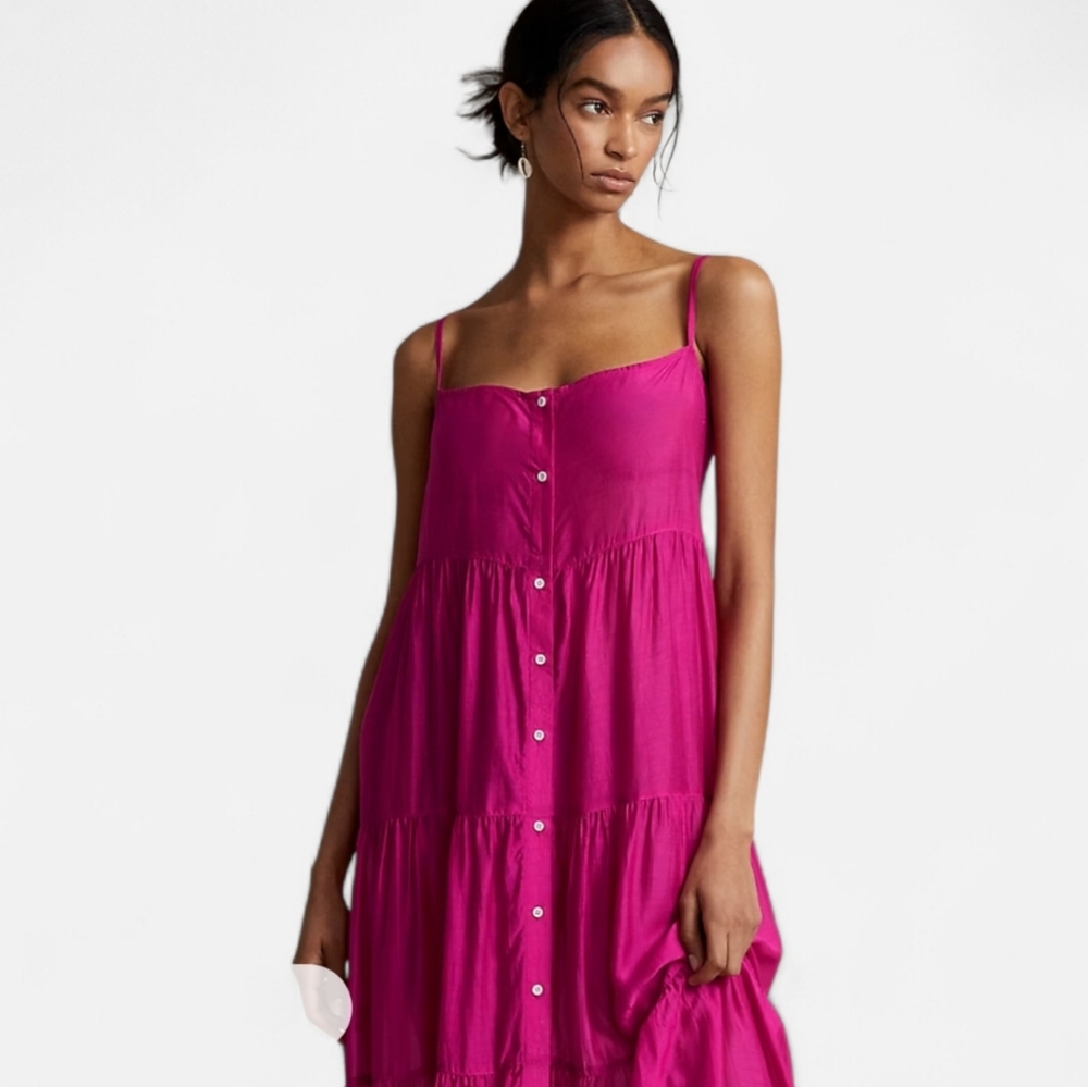 NWT POLO RALPH LAUREN Quinn Tiered Button Front Maxi Dress Hot Pink Small - Picture 2 of 14